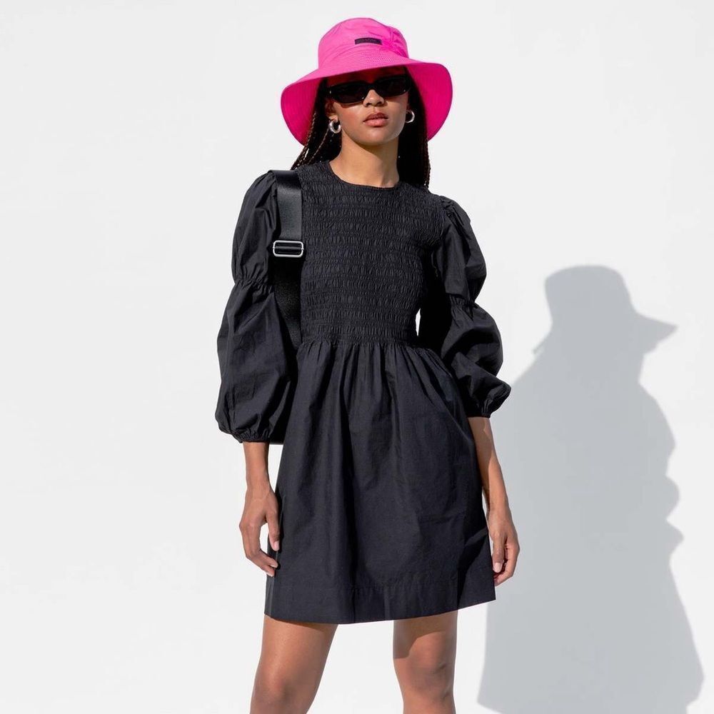 GANNI Black Cotton Poplin Mini Smock Dress IT36